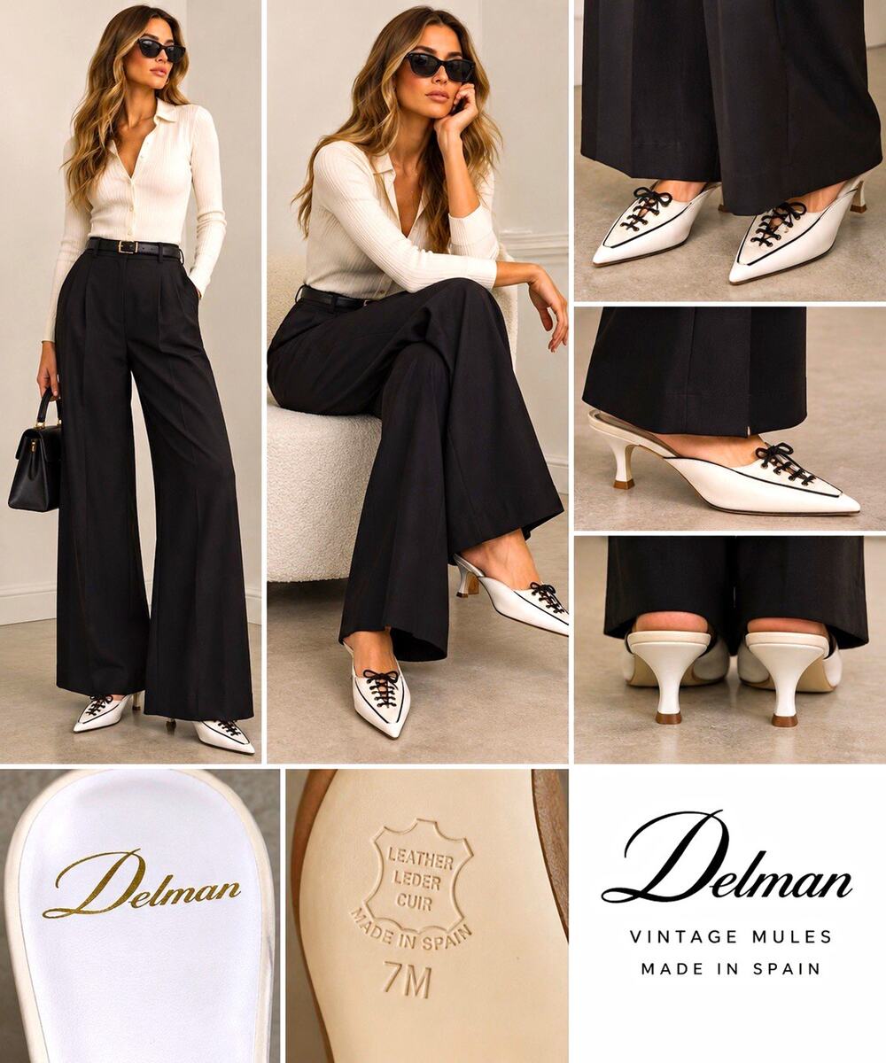 Vintage Delman White Leather Lace-Up Pointed Toe Mules Kitten Heel Size 7M Spain